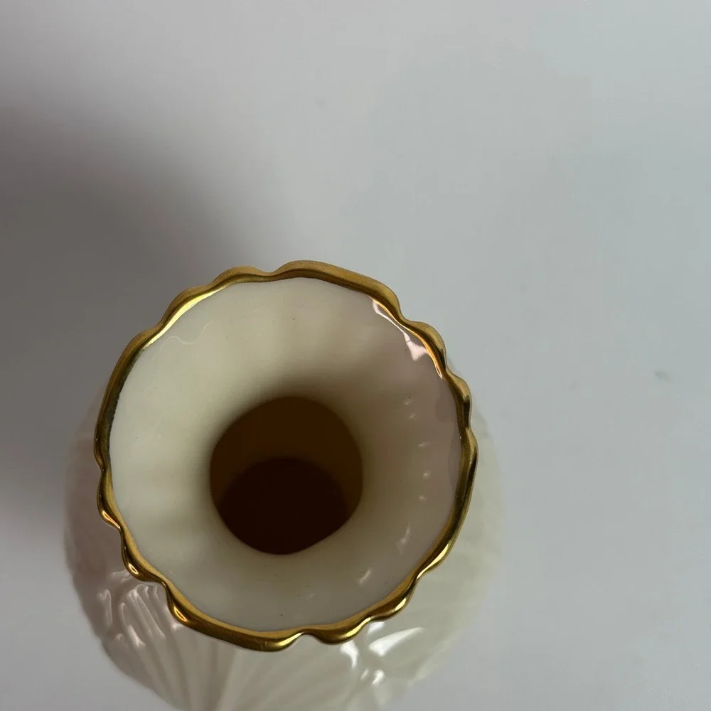 Vintage Lenox Elfin Carved Leaf Motif Ivory Gold Trim Bud Vase 4.5